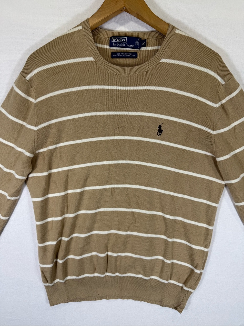 Polo by Ralph Lauren Tan and White Striped Crewneck Sweater